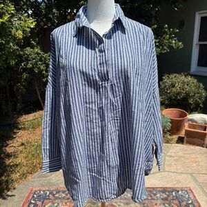French Connection Blue Striped Button-Front Shirt Large Cotton High-Low Hem